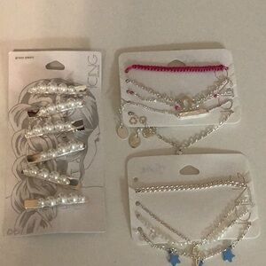 Claire’s Icing Bundle of 2 Bracelet Sets & 1 Glass Pearl Hair Clips Set of 6 New